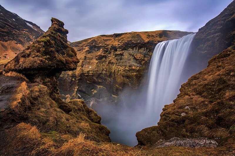Waterfall in Canyon — Brown, Dramatic, Photograph, Mountain