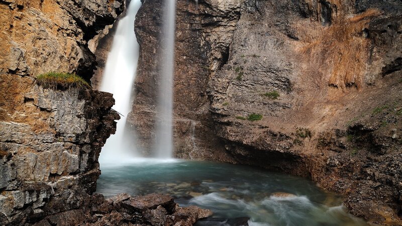 Waterfall in Canyon — Brown, Dramatic, Photograph, Pool, Rocks, Grass