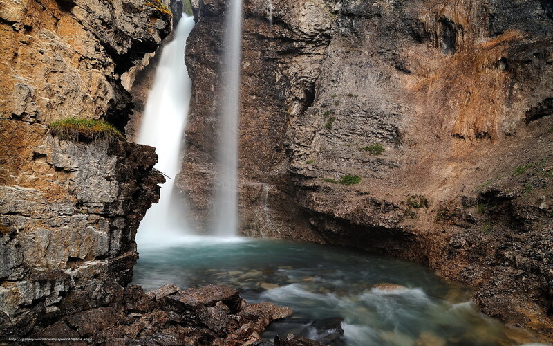Waterfall in Canyon — Brown, Dramatic, Photograph, Pool, Rocks