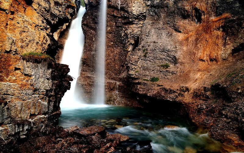 Waterfall in Canyon — Brown, Dramatic, Photograph, Pool