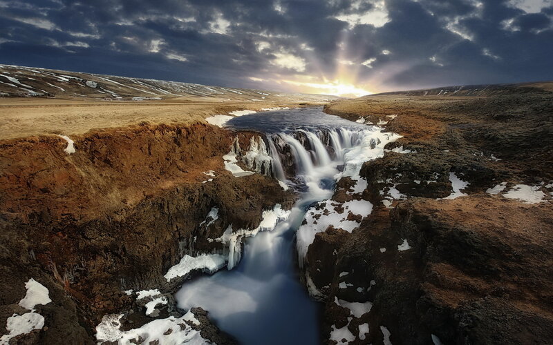 Waterfall in Canyon — Brown, Dramatic, Sunrise