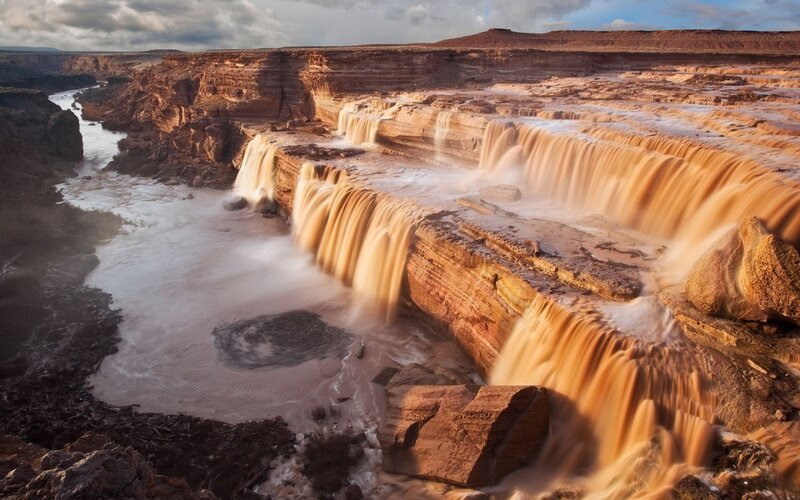 Waterfall in Canyon — Brown, Dramatic, Sunset, Photograph, River, Cliffs