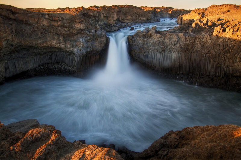 Waterfall in Canyon — Brown, Dramatic, Sunset, Photograph, River, Rocks