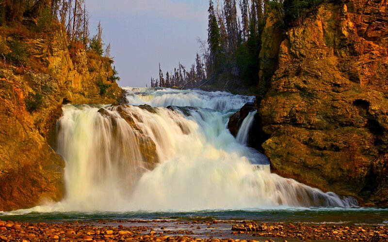 Waterfall in Canyon — Brown, Dramatic, Sunset, Photograph, River