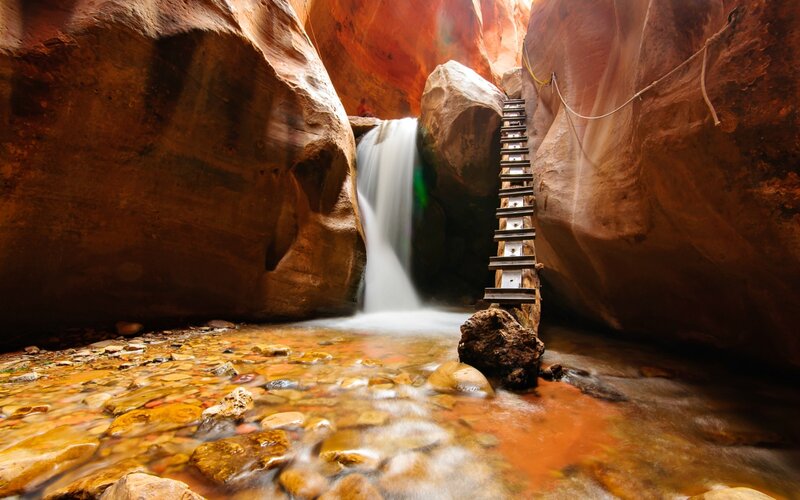 Waterfall in Canyon — Brown, Serene, Afternoon, Photograph, Ladder