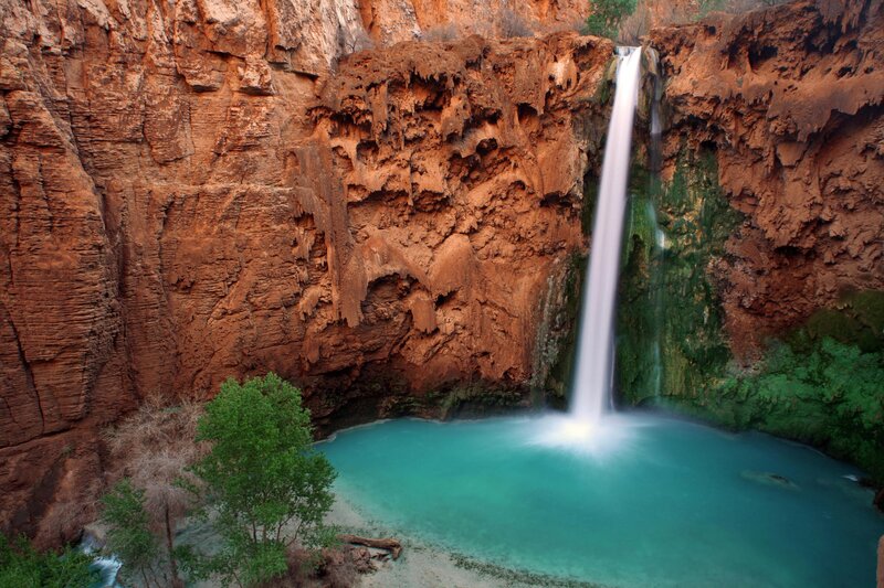 Waterfall in Canyon — Brown, Serene, Afternoon, Photograph, Pool, Trees, Blue, Green