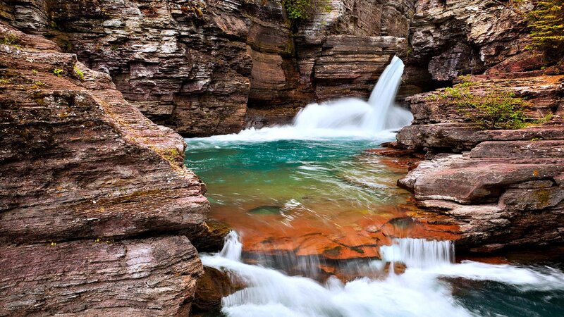 Waterfall in Canyon — Brown, Serene, Afternoon, Photograph, River, Rocks, Trees