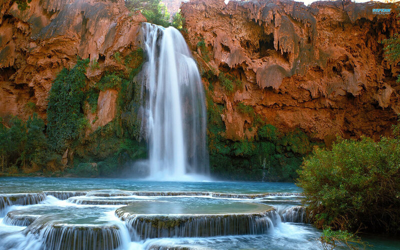 Waterfall in Canyon — Brown, Serene, Afternoon, Photograph, River, Vegetation
