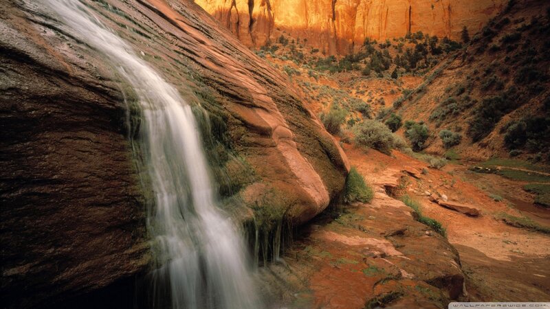 Waterfall in Canyon — Brown, Serene, Afternoon, Photograph, Rock