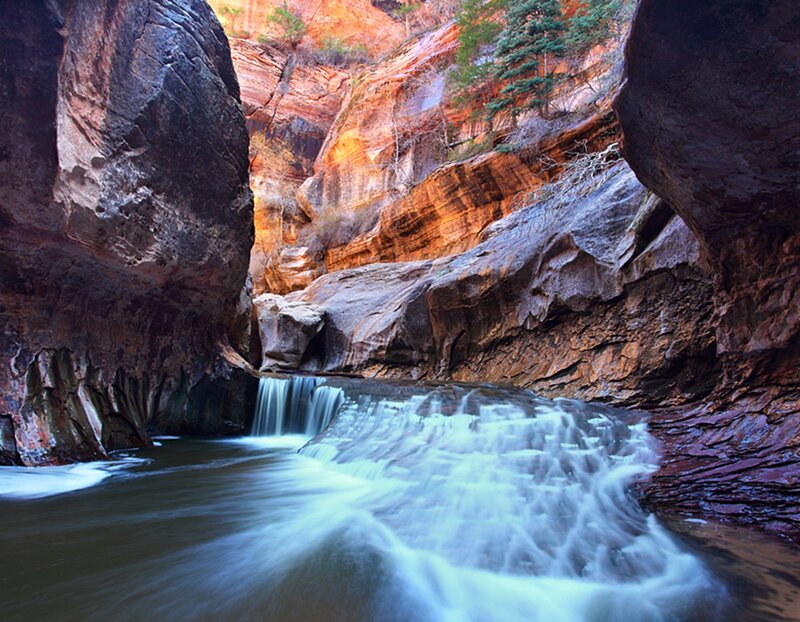 Waterfall in Canyon — Brown, Serene, Afternoon, Photograph, Rocks, Trees