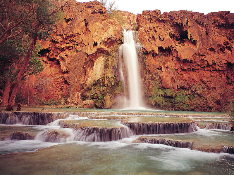 Waterfall in Canyon — Brown, Serene, Afternoon, Photograph, Trees, Rocks
