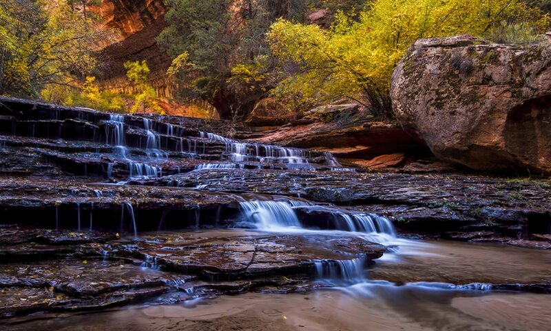Waterfall in Canyon — Brown, Serene, Autumn, Photograph, Trees, Rocks, Yellow