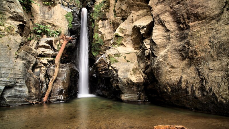 Waterfall in Canyon — Brown, Serene, Photograph, Canyon Walls, Pool
