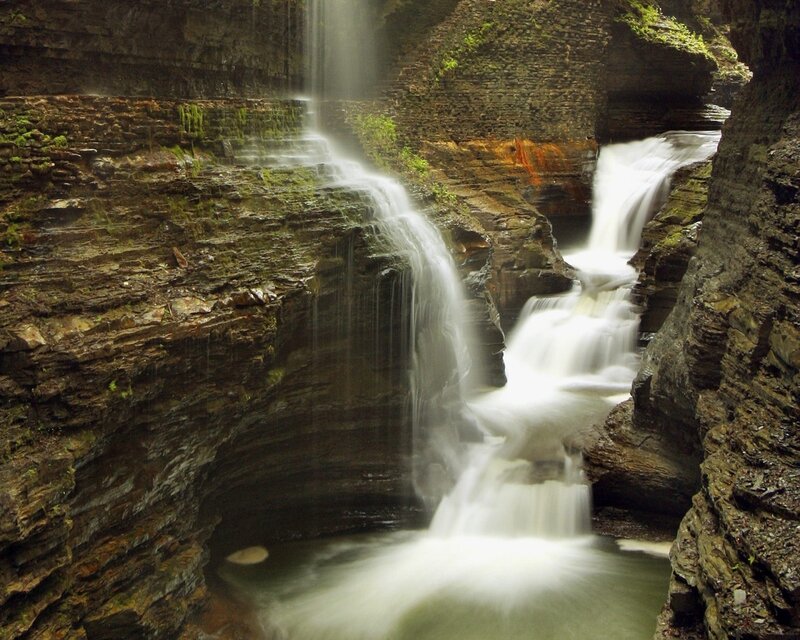 Waterfall in Canyon — Brown, Serene, Photograph, Rock, Moss
