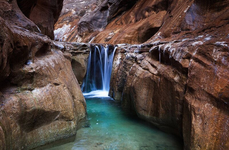Waterfall in Canyon — Brown, Serene, Photograph, Stream