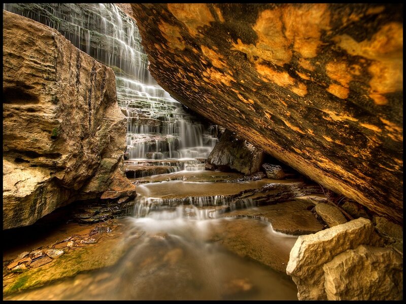 Waterfall in Canyon — Brown, Serene, Photograph