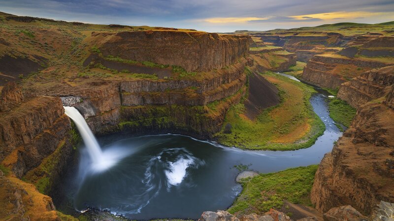 Waterfall in Canyon — Brown, Serene, Sunset, Photograph, River, Cliffs