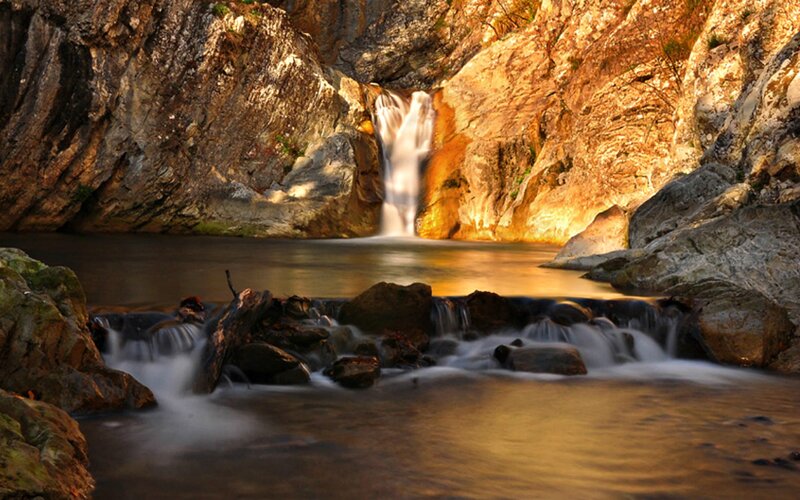Waterfall in Canyon — Brown, Serene, Sunset, Photograph, River
