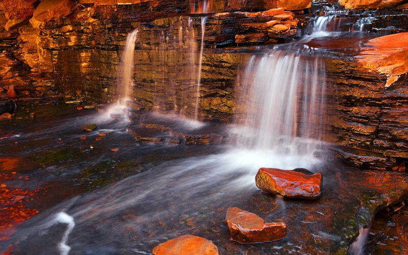 Waterfall in Canyon — Brown, Serene, Sunset, Photograph