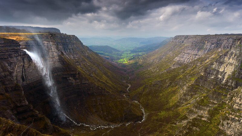 Waterfall in Canyon — Gray, Dramatic, Afternoon, Photograph, River