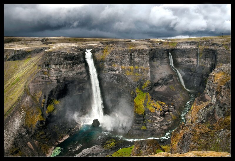 Waterfall in Canyon — Gray, Dramatic, Photograph, Clouds