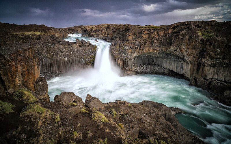 Waterfall in Canyon — Gray, Dramatic, Photograph, River, Clouds