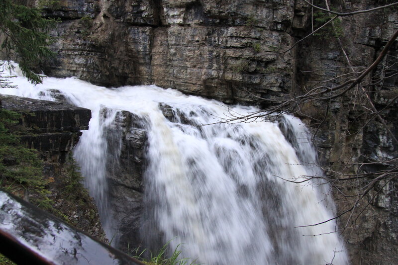 Waterfall in Canyon — Gray, Dramatic, Photograph, Trees, Rocks