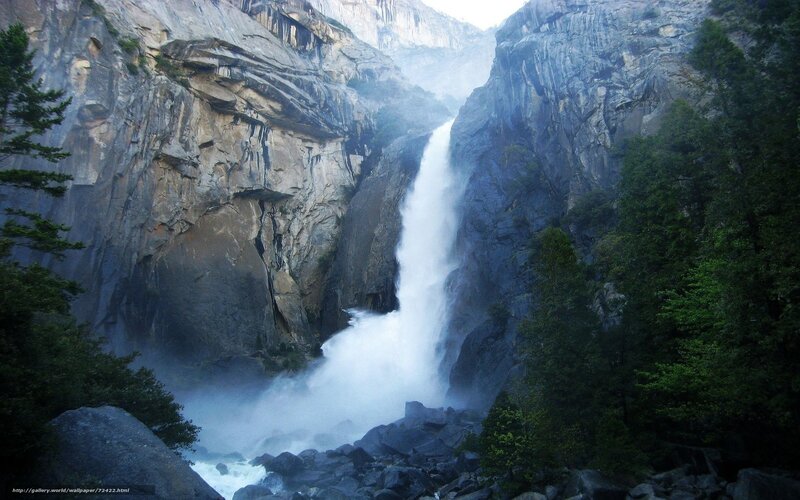 Waterfall in Canyon — Gray, Dramatic, Photograph, Trees