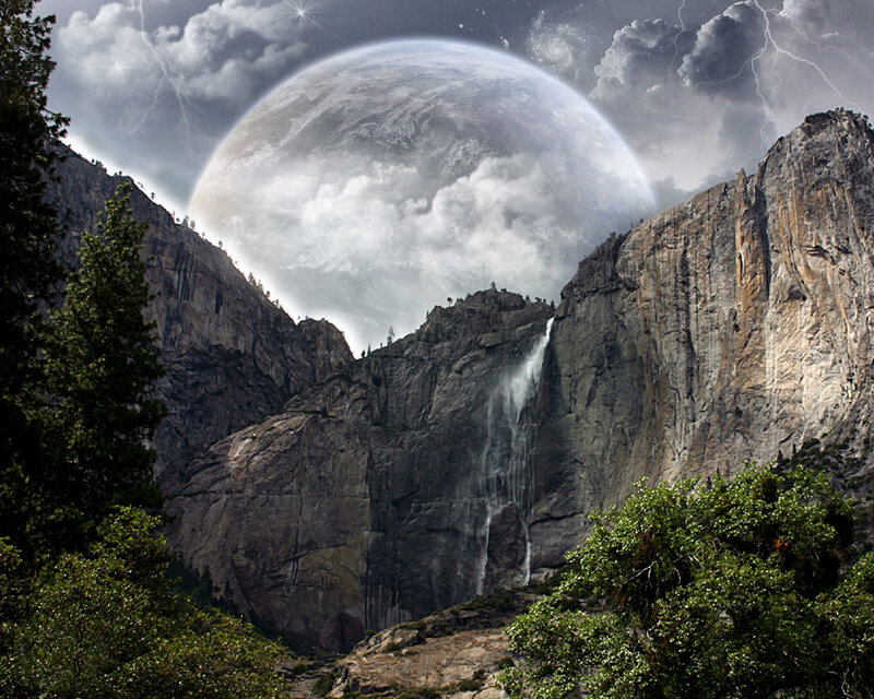 Waterfall in Canyon — Gray, Dramatic