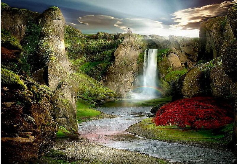 Waterfall in Canyon — Green, Dramatic, Afternoon, Digital Art, Rainbow