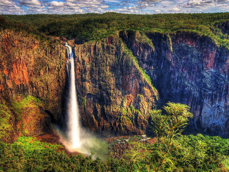 Waterfall in Canyon — Green, Dramatic, Afternoon, Photograph, Cliff