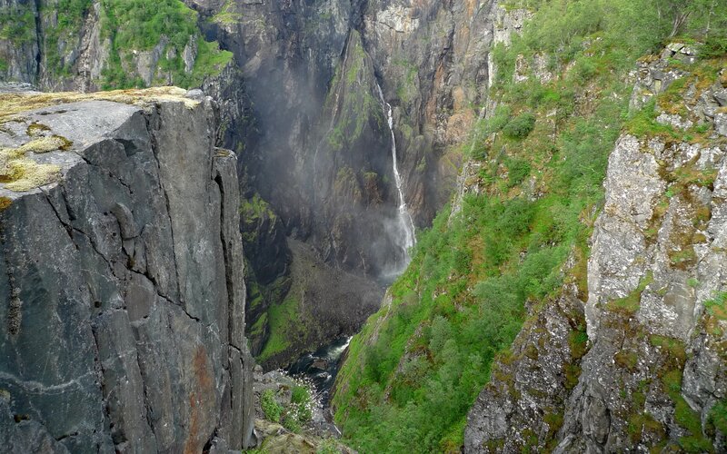 Waterfall in Canyon — Green, Dramatic, Afternoon, Photograph, Cliffs