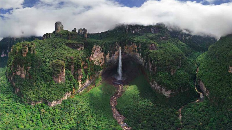 Waterfall in Canyon — Green, Dramatic, Afternoon, Photograph, Clouds, Forest