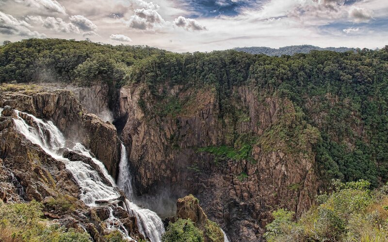 Waterfall in Canyon — Green, Dramatic, Afternoon, Photograph, Forest, Cliffs