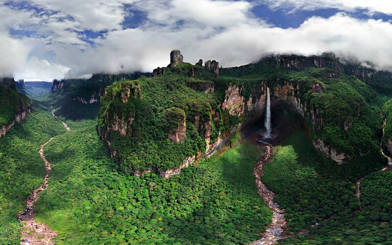 Waterfall in Canyon — Green, Dramatic, Afternoon, Photograph, Forest, Clouds