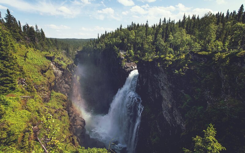 Waterfall in Canyon — Green, Dramatic, Afternoon, Photograph, Forest, Rainbow