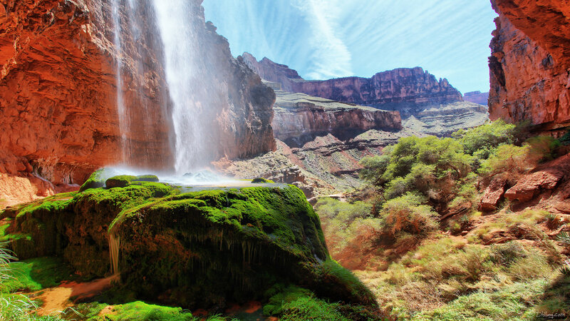 Waterfall in Canyon — Green, Dramatic, Afternoon, Photograph, Moss, Trees
