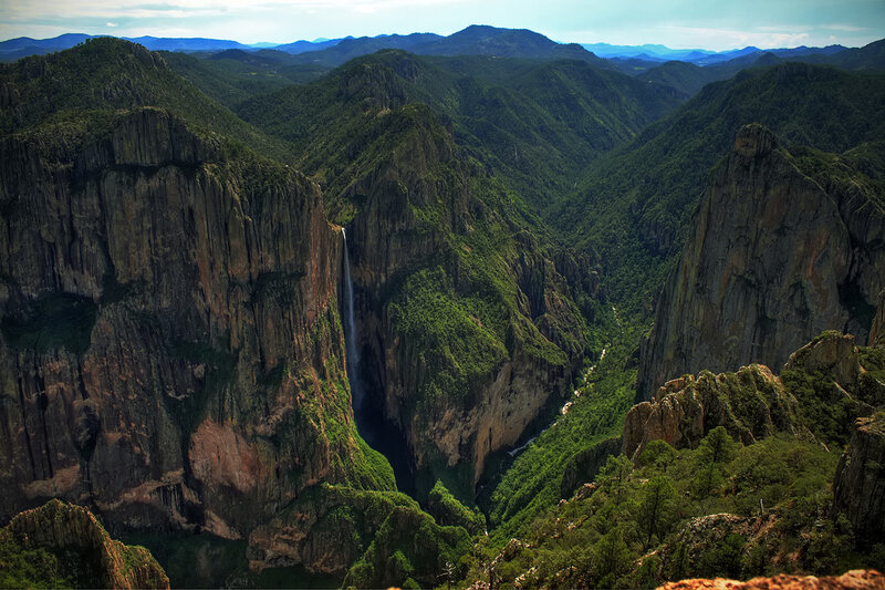 Waterfall in Canyon — Green, Dramatic, Afternoon, Photograph, Mountains