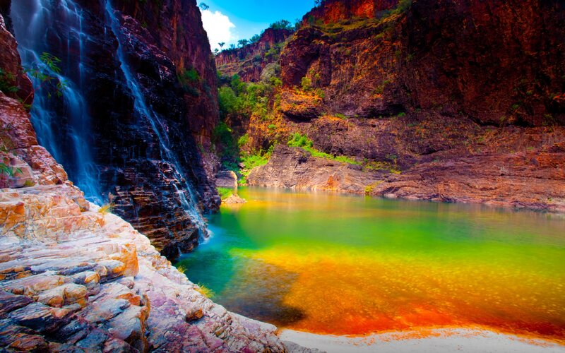 Waterfall in Canyon — Green, Dramatic, Afternoon, Photograph, Pool