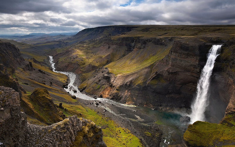 Waterfall in Canyon — Green, Dramatic, Afternoon, Photograph, River, Cliffs, Clouds