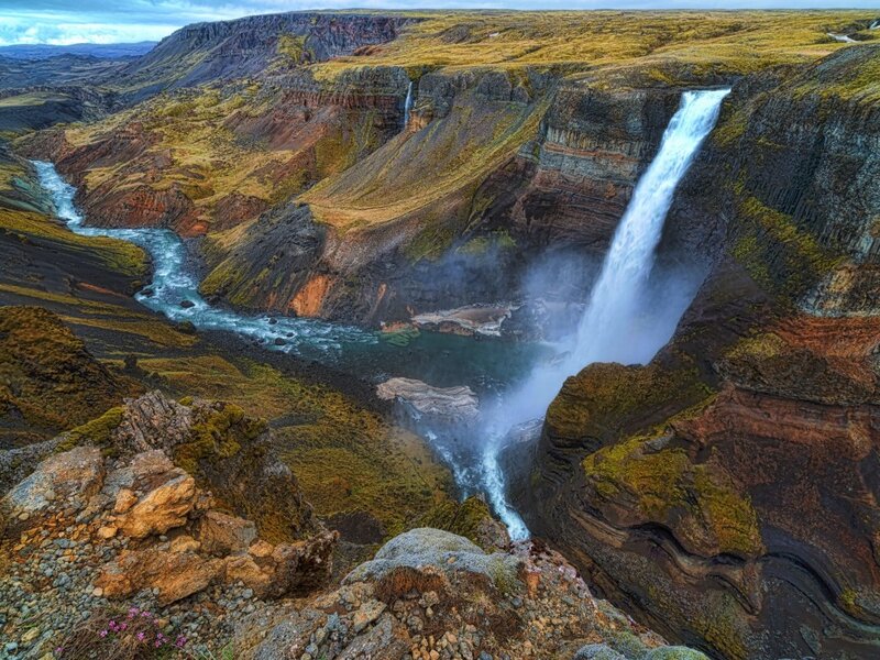 Waterfall in Canyon — Green, Dramatic, Afternoon, Photograph, River, Cliffs, Moss