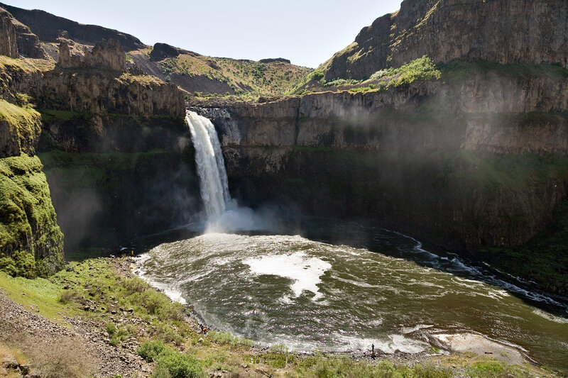 Waterfall in Canyon — Green, Dramatic, Afternoon, Photograph, River, Cliffs, People