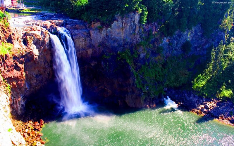 Waterfall in Canyon — Green, Dramatic, Afternoon, Photograph, River, Cliffs, Trees