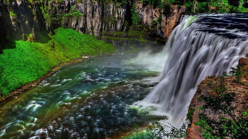 Waterfall in Canyon — Green, Dramatic, Afternoon, Photograph, River, Cliffs, Vegetation