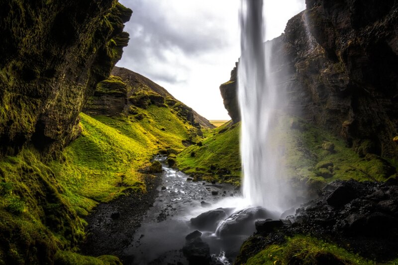 Waterfall in Canyon — Green, Dramatic, Afternoon, Photograph, River, Moss