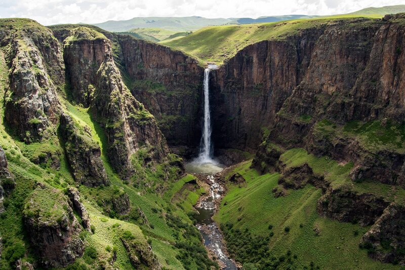 Waterfall in Canyon — Green, Dramatic, Afternoon, Photograph, River, Mountains