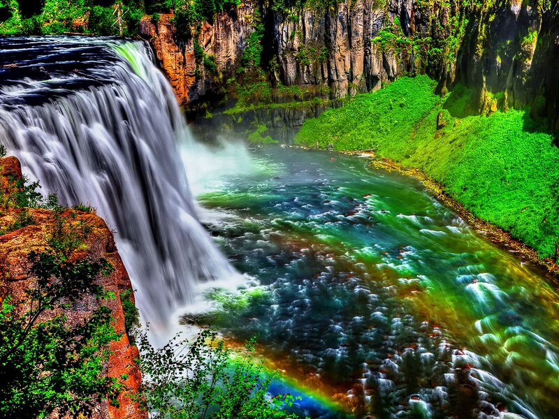 Waterfall in Canyon — Green, Dramatic, Afternoon, Photograph, River, Rainbow, Cliffs