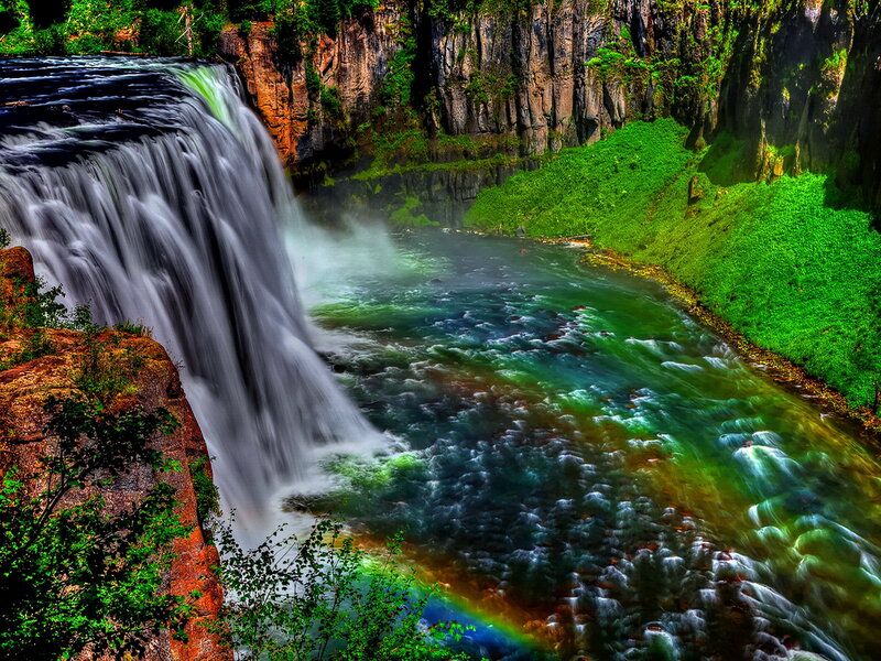 Waterfall in Canyon — Green, Dramatic, Afternoon, Photograph, River, Rainbow