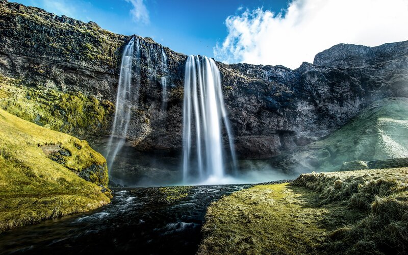 Waterfall in Canyon — Green, Dramatic, Afternoon, Photograph, River, Sky