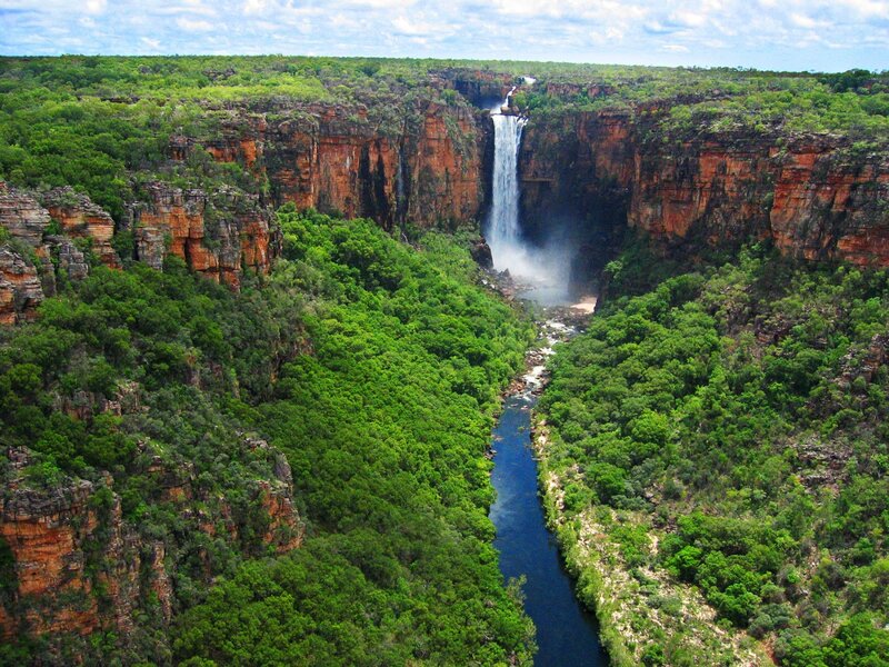Waterfall in Canyon — Green, Dramatic, Afternoon, Photograph, River, Trees